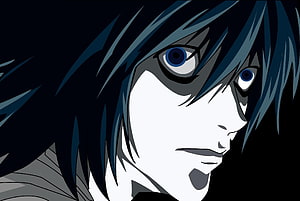 L from Death Note Anime Character Close-Up Portrait with Dark Blue Hair and Intense Blue Eyes HD wallpaper