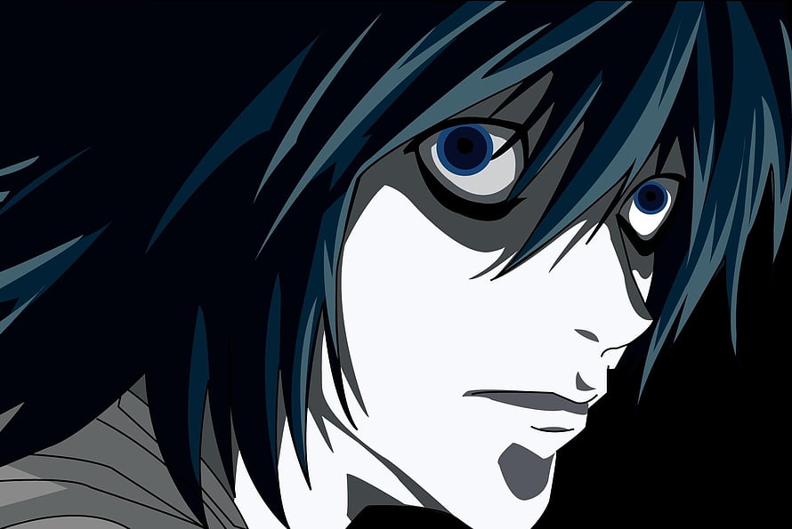 L from Death Note Anime Character Close-Up Portrait with Dark Blue Hair and Intense Blue Eyes HD wallpaper