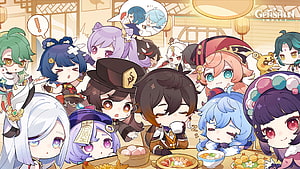 Genshin Impact Chibi Characters Sharing a Festive Meal in Liyue HD wallpaper