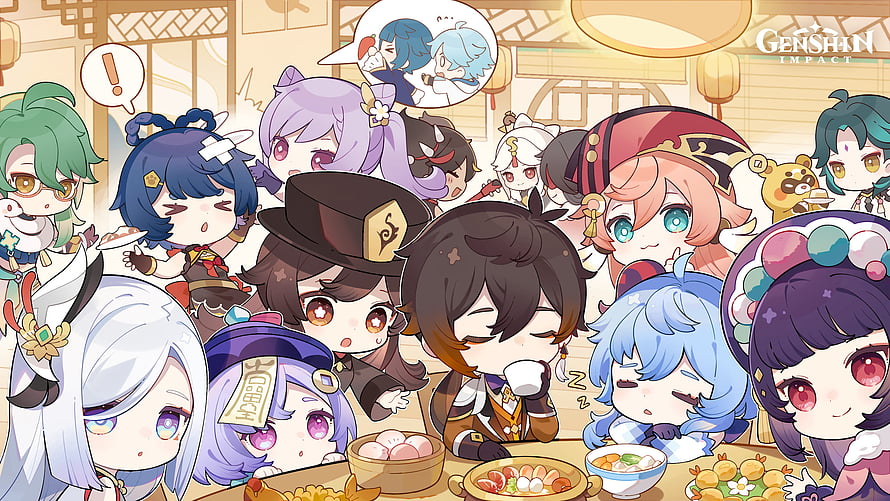 Genshin Impact Chibi Characters Sharing a Festive Meal in Liyue HD wallpaper