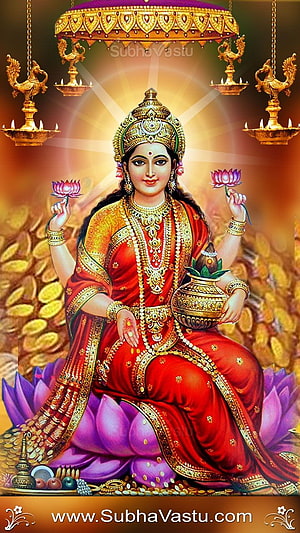 Maa Lakshmi Seated on Lotus with Pot of Gold and Hanging Oil Lamps HD phone wallpaper