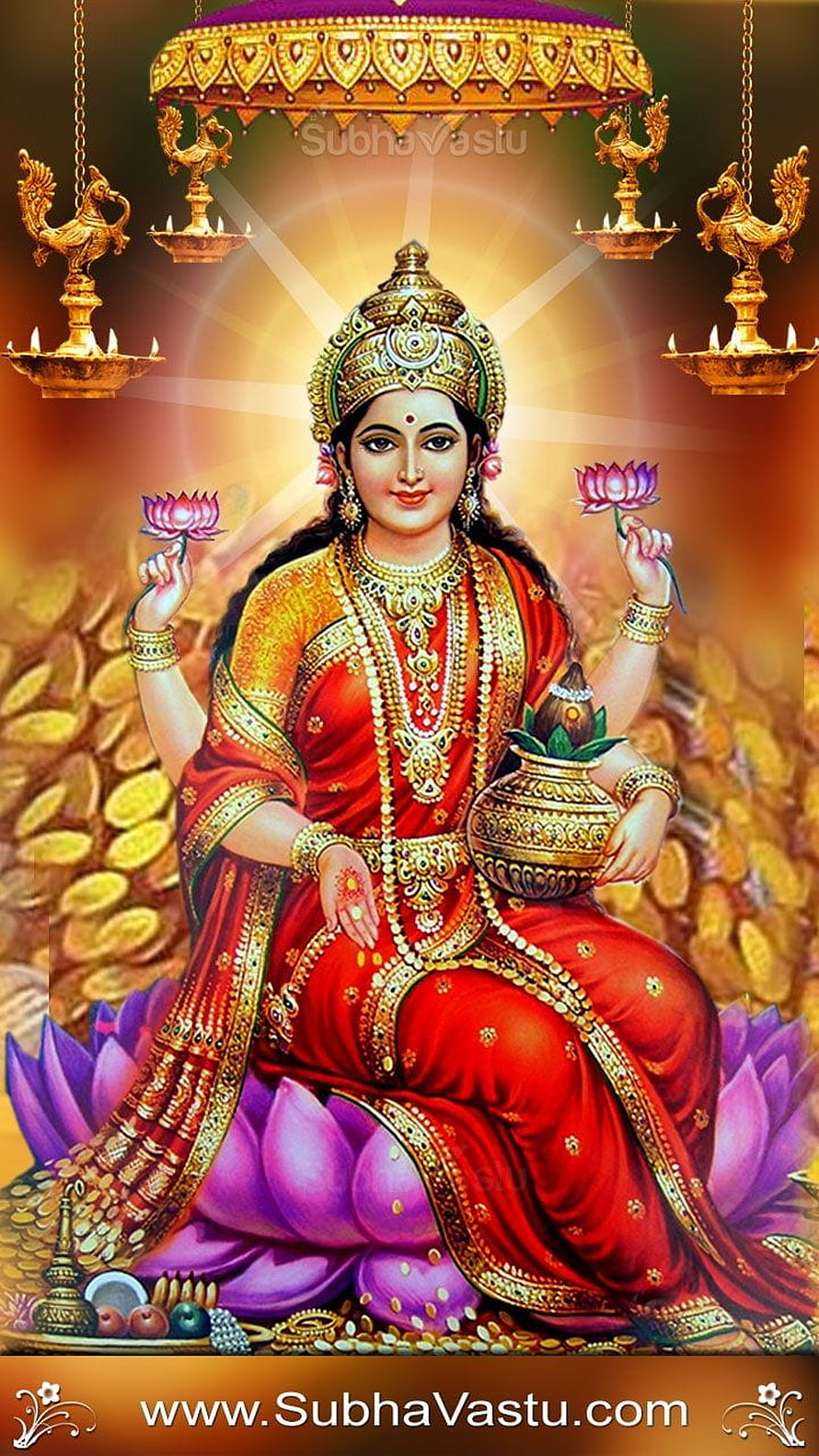 Maa Lakshmi Seated on Lotus with Pot of Gold and Hanging Oil Lamps HD phone wallpaper