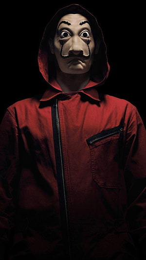 Money Heist Character in Red Hooded Jumpsuit and Salvador Dali Mask HD phone wallpaper