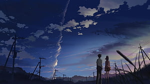 Two Silhouetted Figures Gazing at a Dramatic Twilight Sky with Power Lines HD wallpaper