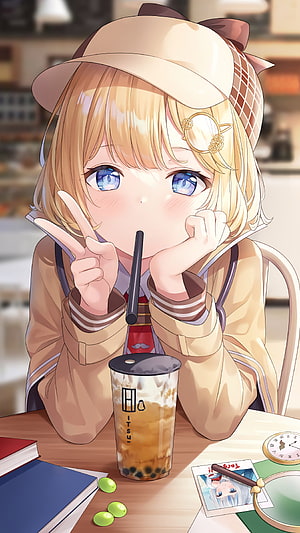 Amelia Watson Anime Girl Sipping Bubble Tea in a Cozy Cafe Setting HD phone wallpaper