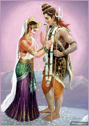 Shiva and Parvati Devotional Painting with Trishula and Floral Garland HD phone wallpaper