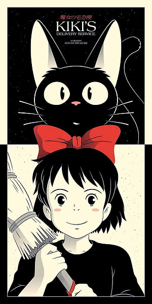 Kiki's Delivery Service Anime Poster Featuring Kiki and Jiji in Minimalist Style HD phone wallpaper