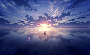 Serene Anime Sunset Over Calm Water With a Single Swan and Lens Flare HD wallpaper