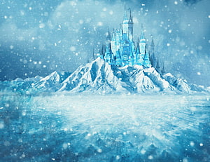 Frozen Castle on Snowy Mountain Peak in Winter Storm HD wallpaper