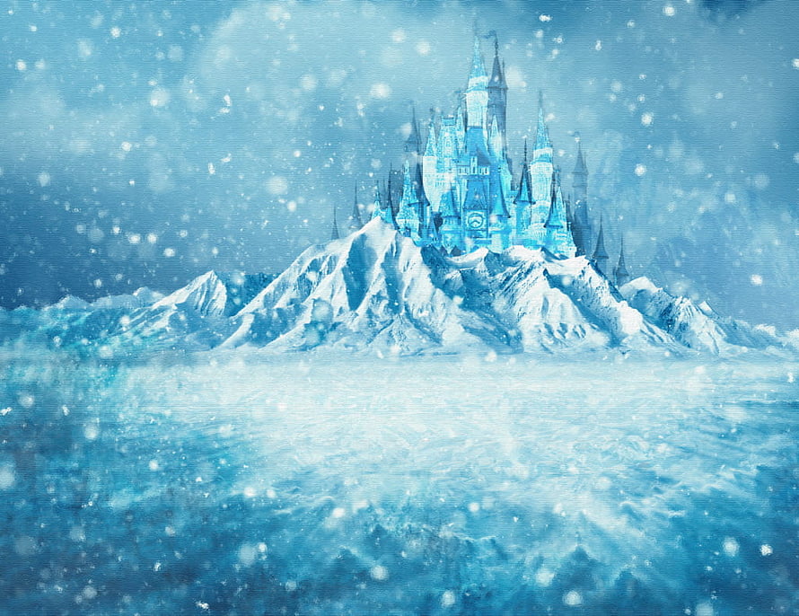 Frozen Castle on Snowy Mountain Peak in Winter Storm HD wallpaper