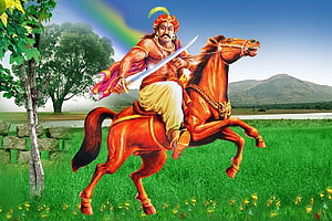 Alagumuthu Kone on Horseback with Sword in Lush Green Landscape HD wallpaper
