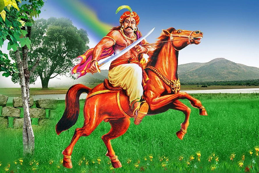 Alagumuthu Kone on Horseback with Sword in Lush Green Landscape HD wallpaper