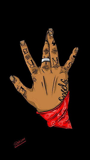Illustrated Hand with Finger Tattoos and Red Bandana on Black Background HD phone wallpaper