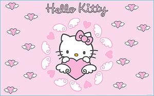 Cute Hello Kitty Holding Pink Heart with Winged Hearts on Soft Pink Background HD wallpaper