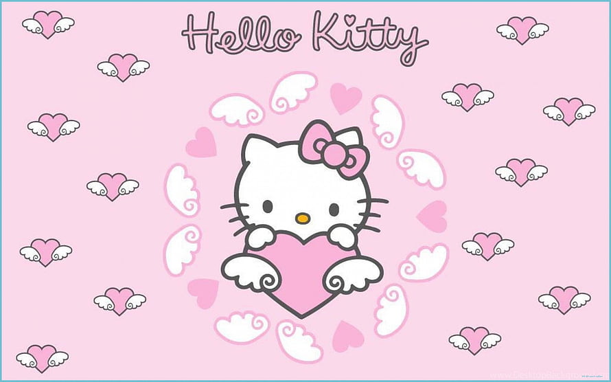 Cute Hello Kitty Holding Pink Heart with Winged Hearts on Soft Pink Background HD wallpaper