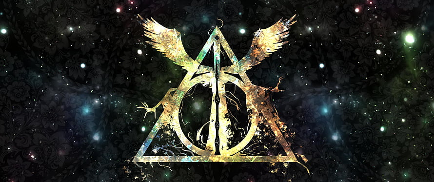 Harry Potter Deathly Hallows Symbol with Golden Wings and Dark Floral Background HD wallpaper
