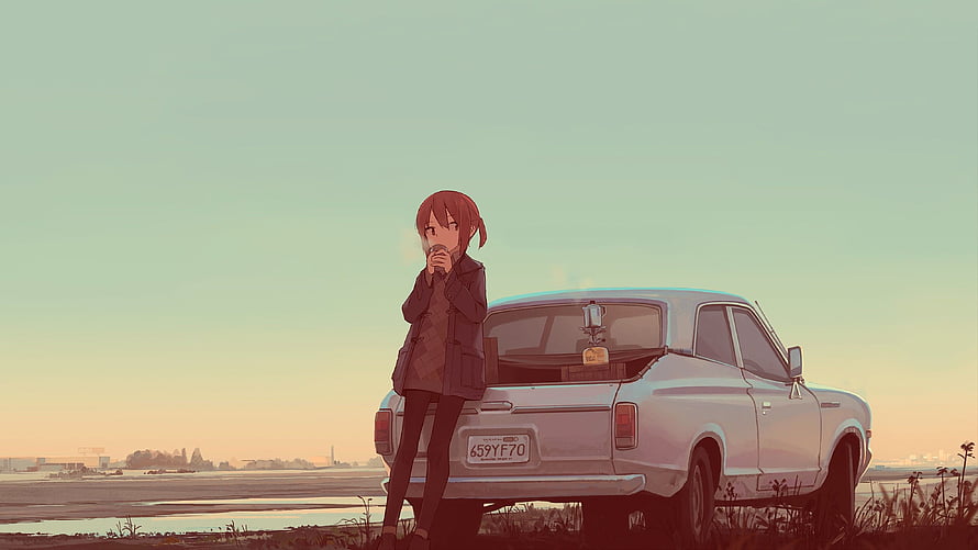 Anime Girl Leaning on Vintage Car at Sunset by the Water HD wallpaper