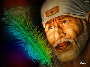 Sai Baba Portrait with Peacock Feather and White Turban HD wallpaper