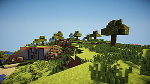 Minecraft Blocky Grassland Landscape With Trees And Rolling Hills Under A Clear Blue Sky HD wallpaper