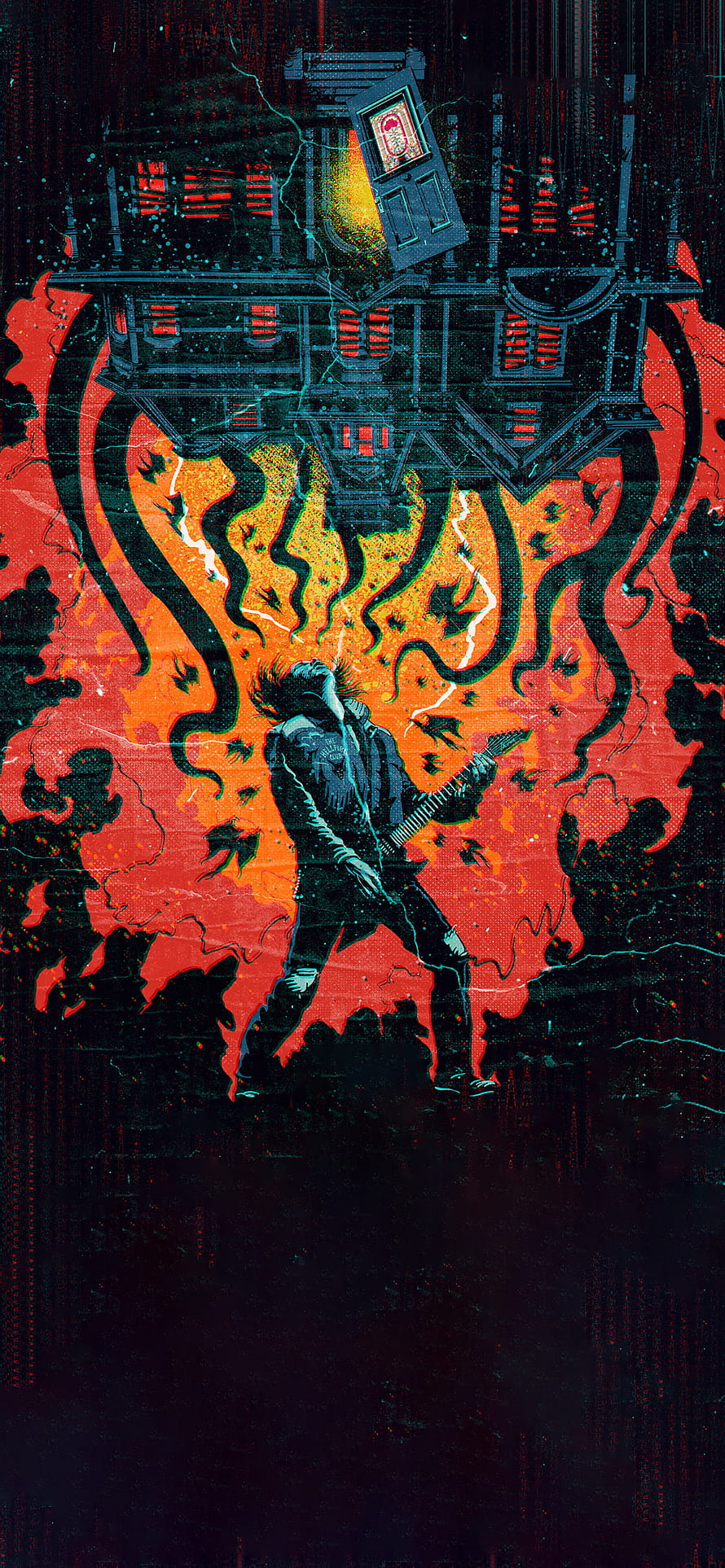 Eddie Munson Playing Guitar in Fiery Hellish Landscape from Stranger Things HD phone wallpaper