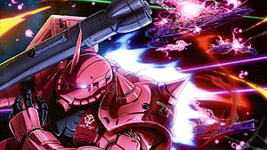 Char Aznable's Red Zaku II in Intense Space Combat with Warships and Explosions HD wallpaper