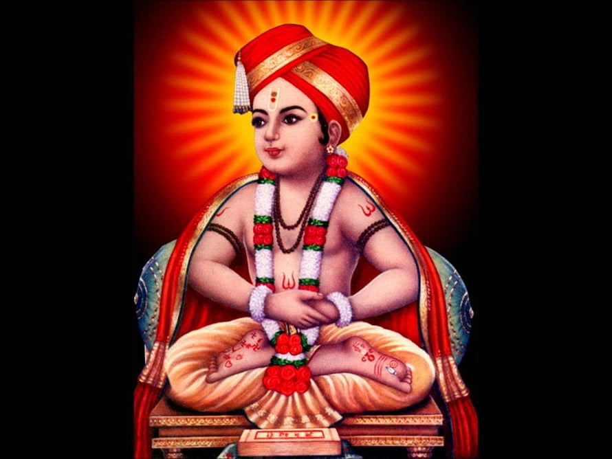 Sant Dnyaneshwar Portrait in Traditional Attire with Radiant Halo and Floral Garland HD wallpaper