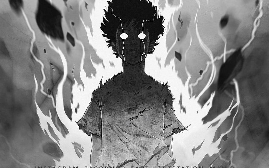 Mob Psycho 100 Dark Anime Character with Glowing Eyes and Energy Aura HD wallpaper