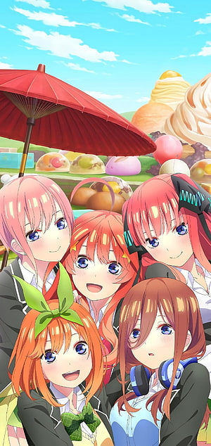 Nakano Quintuplets Anime Group Portrait at a Japanese Sweets Market HD phone wallpaper