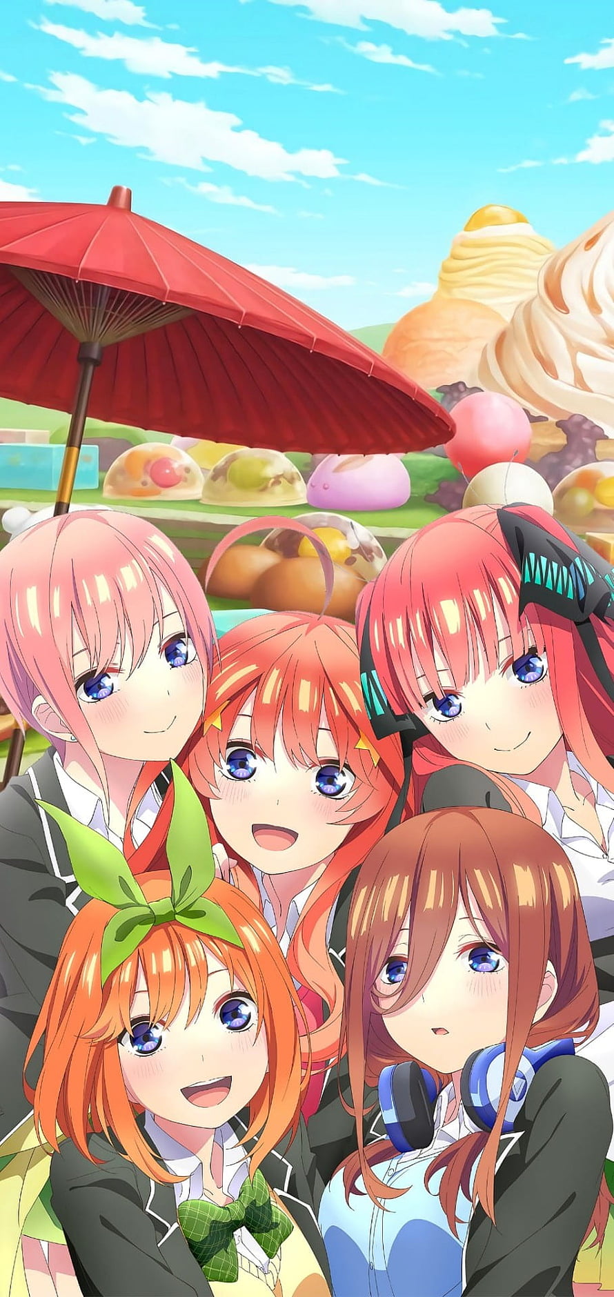 Nakano Quintuplets Anime Group Portrait at a Japanese Sweets Market HD phone wallpaper