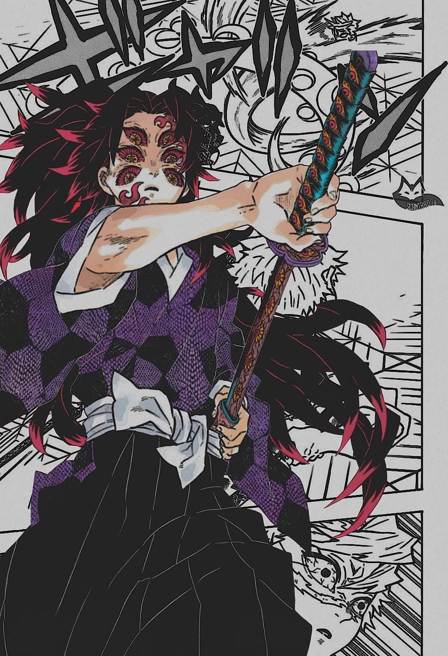 Kokushibo Demon Slayer Manga Panel Artwork with Katana and Purple Checkered Haori HD phone wallpaper