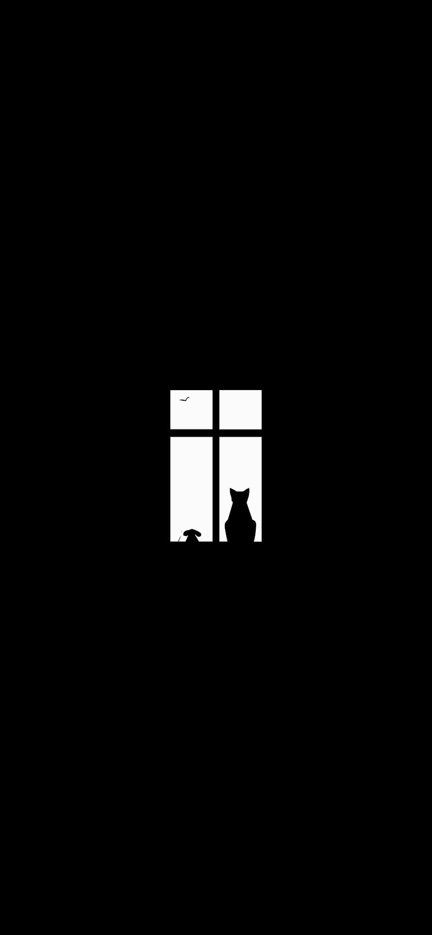Minimalist black silhouette of a cat sitting by a bright window with a bird in flight HD phone wallpaper