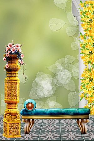 Elegant Studio Backdrop with Golden Pedestal, Teal Settee, and Floral Accents HD phone wallpaper