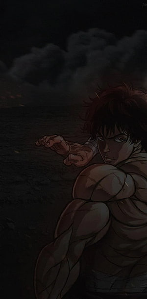 Baki Hanma in a Dark Combat Stance with Intense Focus and Muscular Detail HD phone wallpaper