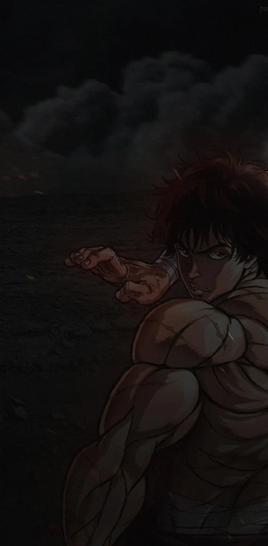 Baki Hanma in a Dark Combat Stance with Intense Focus and Muscular Detail HD phone wallpaper