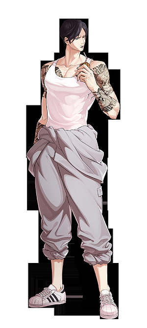 Vasco from Lookism in White Tank Top and Baggy Pants with Tattoos HD phone wallpaper