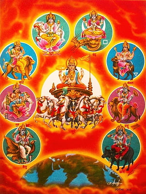 Navagraha Hindu Planetary Deities Illustration with Surya at Center HD phone wallpaper