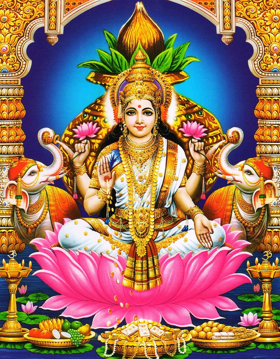 Goddess Lakshmi Seated on Lotus with Elephants and Offerings HD phone wallpaper