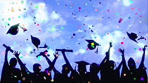 Silhouetted Graduates Tossing Caps and Diplomas Amidst Colorful Confetti Against a Bright Blue Sky HD wallpaper