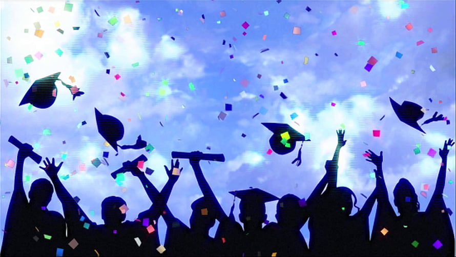 Silhouetted Graduates Tossing Caps and Diplomas Amidst Colorful Confetti Against a Bright Blue Sky HD wallpaper