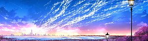 Vibrant Anime Skyline at Sunset with Street Lamps and Water Reflections HD wallpaper