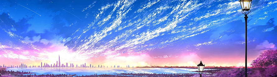 Vibrant Anime Skyline at Sunset with Street Lamps and Water Reflections HD wallpaper