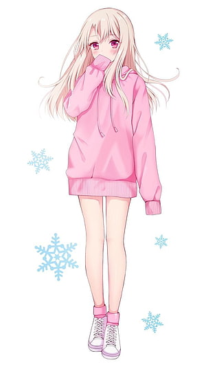 Cute Anime Girl in Pink Hoodie with Snowflakes HD phone wallpaper