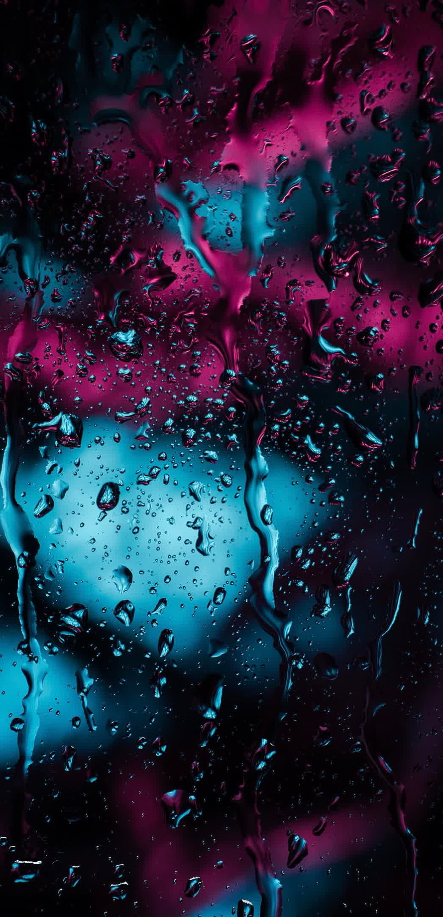 Neon Rain Droplets on Glass with Cyan and Magenta Glow HD phone wallpaper