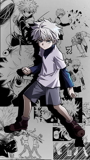 Killua Zoldyck Anime Character Collage with Manga Panels and Dynamic Action Poses HD phone wallpaper