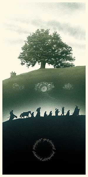 Lord of the Rings Hobbiton Hill Silhouette with Fellowship and Elvish Script HD phone wallpaper