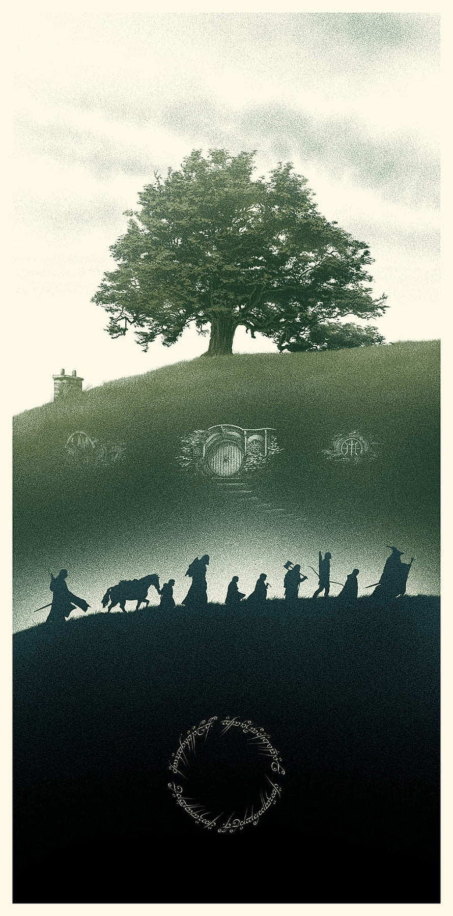 Lord of the Rings Hobbiton Hill Silhouette with Fellowship and Elvish Script HD phone wallpaper