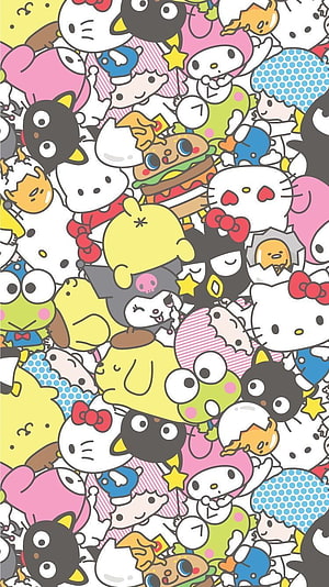 Colorful Sanrio Character Pattern Featuring Hello Kitty, Kuromi, and My Melody in a Cute Aesthetic Design HD phone wallpaper