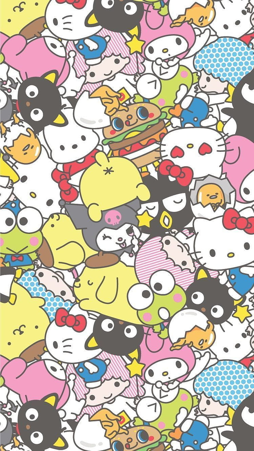Colorful Sanrio Character Pattern Featuring Hello Kitty, Kuromi, and My Melody in a Cute Aesthetic Design HD phone wallpaper