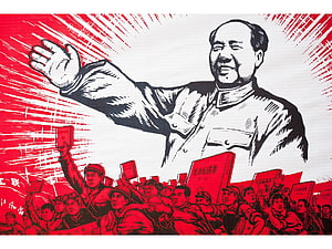 Mao Zedong Propaganda Poster with Red Book and Crowd in Woodcut Style HD wallpaper