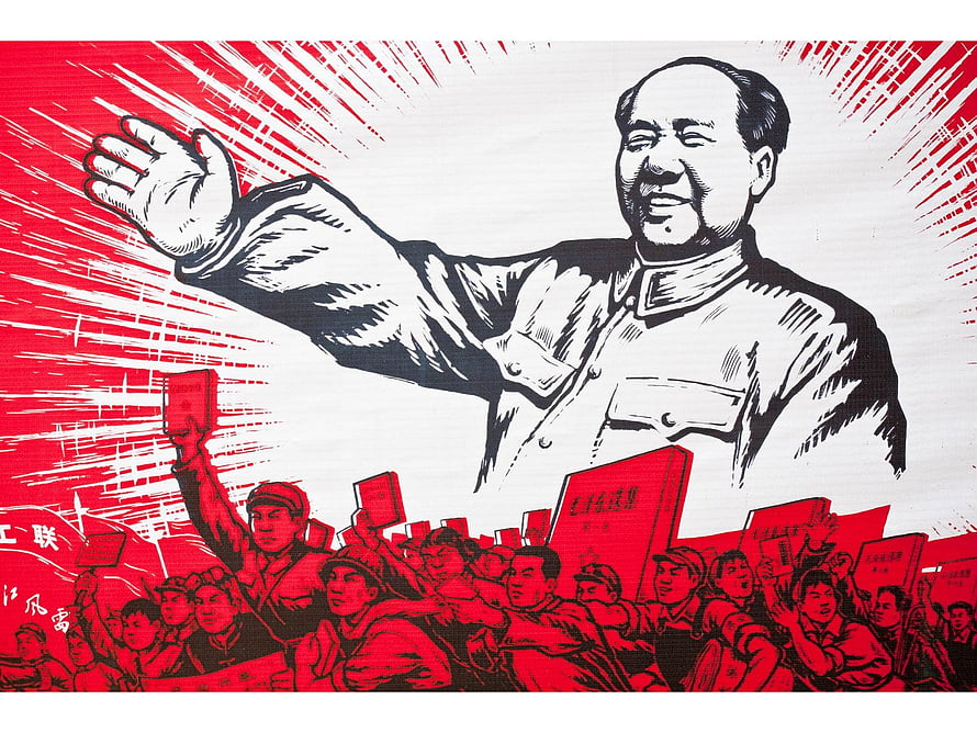Mao Zedong Propaganda Poster with Red Book and Crowd in Woodcut Style HD wallpaper